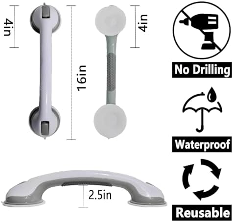 Shower Grab Bar, Suction Grab Bars for Shower, 2 Pack 16 Inch Shower Handles for Elderly Suction, Bathroom Grab Bars for Seniors, Shower Grab Bars Suction Heavy Duty, Waterproof No Drilling