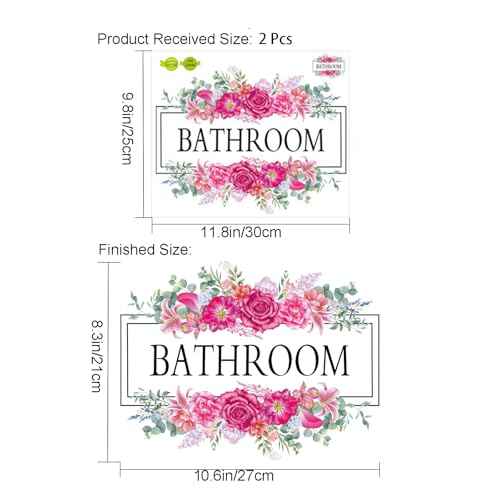 2 Pcs Bathroom Signs Wall Decals Stickers Decor Beautiful Flower Stickers Wall Decals Peel and Stick DIY Removable Wash Room Door Decor