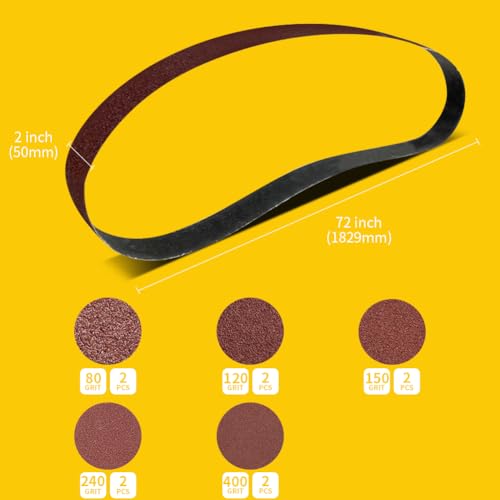 10 Pcs 2 x 72 Inch Assorted Aluminum Oxide Belt Sander Sanding Belt - 2 Each of 80/120/150/240/400 Grits