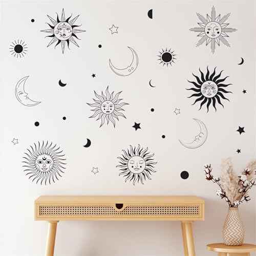 Gothic Sun Moon Star Wall Stickers, sacinora Human Face Crescent Wall Decals Removable Vinyl Peel and Stick for Living Room Bedroom Boho Ethnic Home Decorations