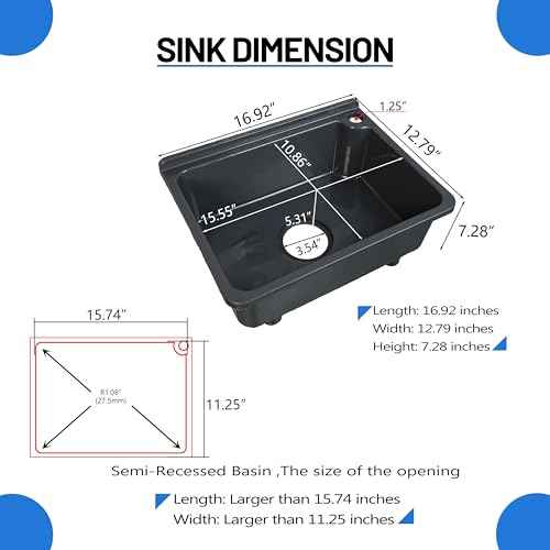 kitchen Single Bowl Utility Sink, Kitchen Wall-Mounted Sink 16.9 x 12.8 Inch With 1.26 inch faucet hole, Plastic rv sink for Home, Restaurant, Dorm, Garage, Bathroom,Laundry (grey, 16.9 * 12.8 * 7.1)