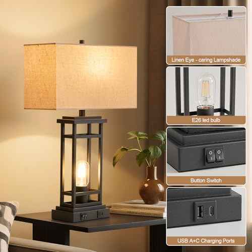 Table Lamp, Set of 2 Modern Bedside Lamps Desk Lamp with Night Light and USB C+A Charging Port Lamps for Night Stands Bedroom Living Room Home Office