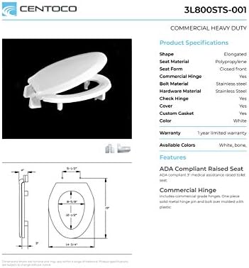Centoco 3 inch Raised Toilet Seat for Seniors, Elongated, Closed Front with Cover, Plastic, Made in the USA, 3L800STS-001, White