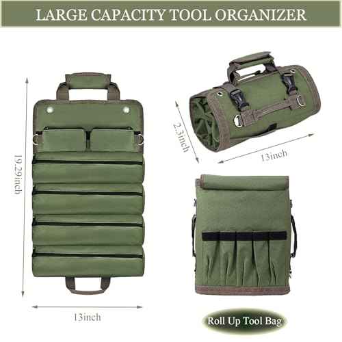 Tool Organizer Bag, Foldable Roll Up Bag Organizer w/ 2 Detachable Pouches, Heavy Duty Tool Storage Organization for Mechanic Carrying Toolbag, Dad Men Birthday Father Day, Gifts for Him (Black)