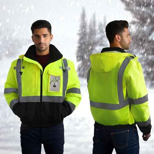 TCCFCCT Safety Jacket for Men & Women, Hi Vis Reflective Jackets with Pockets, Construction Coats for Cold Weather, High Vis Rain Gear, Waterproof, J-Yellow, S