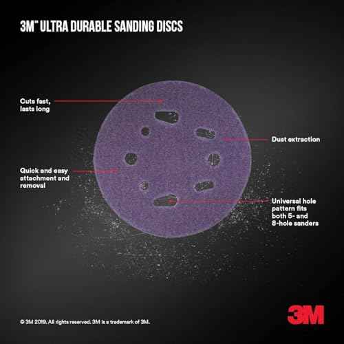 3M Ultra Durable 5 inch Power Sanding Discs, Universal Hole, 220 Grit, 10/Pack