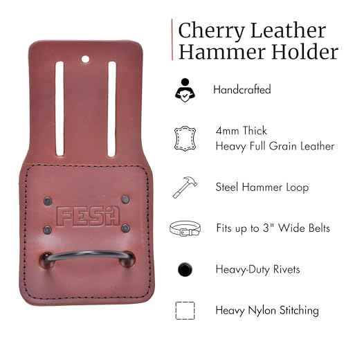 FESA Leather Hammer Holder for Belt - Top Grain Leather Hammer Holster with Steel Hammer Loop & Reinforced Heavy Duty Rivets - Fits Belts up to 3" - Handcrafted