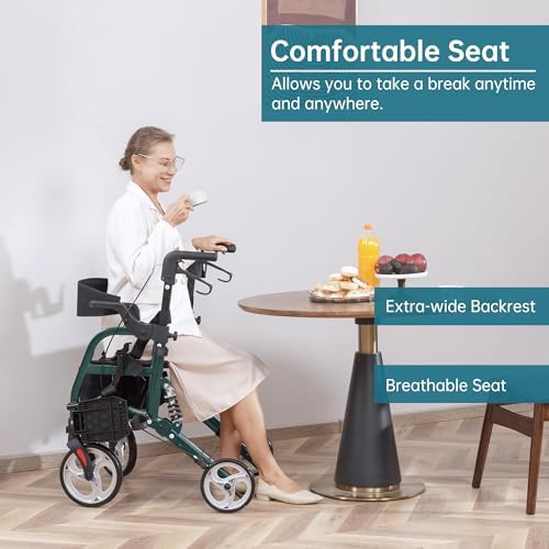 ELENKER 2 in 1 Rollator Walker & Transport Chair for Seniors, Folding Rolling Walker Wheelchair Combo with Wide Seat and Shock Absorber, Green