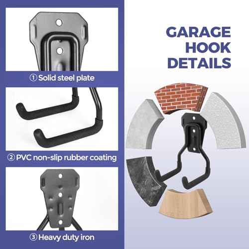 Heavy Duty Garage Hooks, 10 Pack Multi-Functional Garage Tool Organizer Hooks with Non-Slip Coating, Wall Mount Storage Hooks for Garage, Shed, Kitchen, Holds up to 55LBS