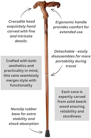 Hand Carved Wooden Walking Cane with Ergonomic Handle and Rubber Tip for Men and Women - Fashionable Unique Walking Stick for Seniors - 37 inch