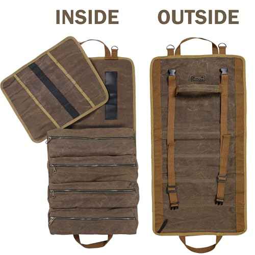Multifunctional Tool Roll Bag | 16OZ Waxed Canvas Tool Carrier with 4 Pockets + 1 Detachable Roll - Portable Tool Organizer for Hammer Wrench Chisel | 27.5"x13.5" | Grey