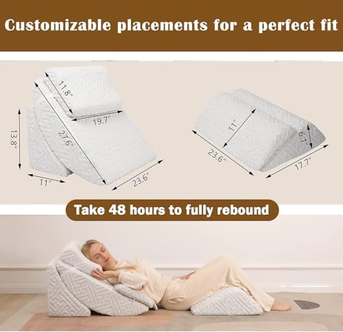 5pcs Orthopedic Bed Wedge Pillow Set, Adjustable Memory Foam, Post Surgery Foam for Back Neck & Leg Pain Relief Support, Acid Reflux, Snoring Reading, Sleeping, Sitting up, Grey