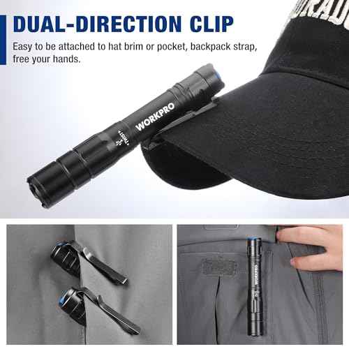WORKPRO Rechargeable Pen Light, Mini Flashlight, 2 Pack Ultra-Compact EDC Flashlight, Pocket Flashlight with Clip, Memory Function and 2 x USB C Cable Included, Black