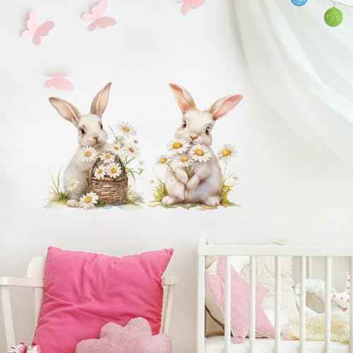 Bunnies and Daisies Wall Decals Removable Spring Animal Vinyl Stickers for Nursery Kids Bedroom and Playroom Decor Peel and Stick Rabbit Wall Art