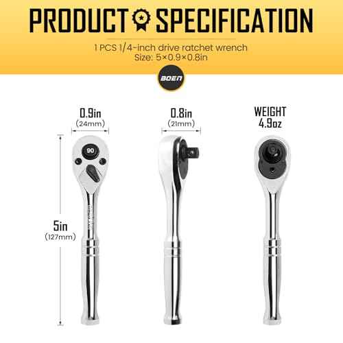 boen 1/4-Inch Drive Ratchet, 90-Tooth Quick-Release Ratchet Wrench, 4-Degree Swing, Reversible, Chrome Alloy Made, Full Polished