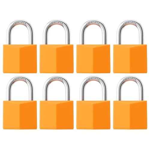 8-Pack Keyed Alike Locks, Orange Covered Brass Keyed Padlock with Stainless Steel Shackle, 1-9/16 Inch Lock Body, Rustproof Locks for Luggage Gate Fence Hasp Cabinet Toolbox Gym School Locker