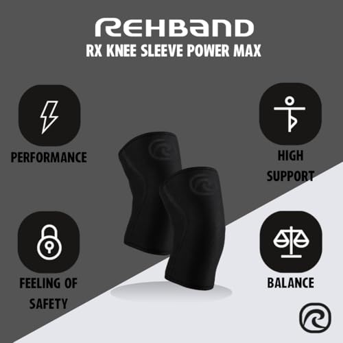 Rehband 7mm Power Max Knee Compression Sleeve for Strength Sports, Competition Grade, Neoprene Knee Sleeves for Bodybuilding & Heavy Powerlifting, Colour:Carbon/Black - 1 Pair, Size:Large