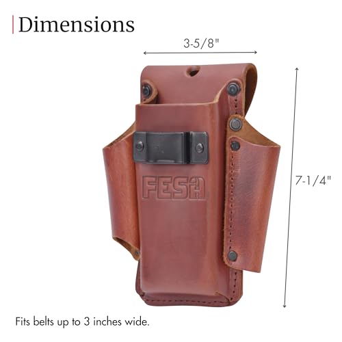 FESA Small Leather Tool Pouch - 4-in-1 Heavy Top Grain Leather Small Tool Pouch with a Tape Measure Holder, 3 Pockets & Reinforced Heavy Duty Rivets - Fits Belts up to 3" - Handcrafted