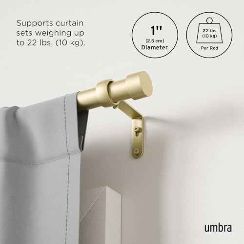 Umbra Cappa Modern 1" Curtain Rod, Includes 2 Matching Finials, Brackets & Hardware, Brass