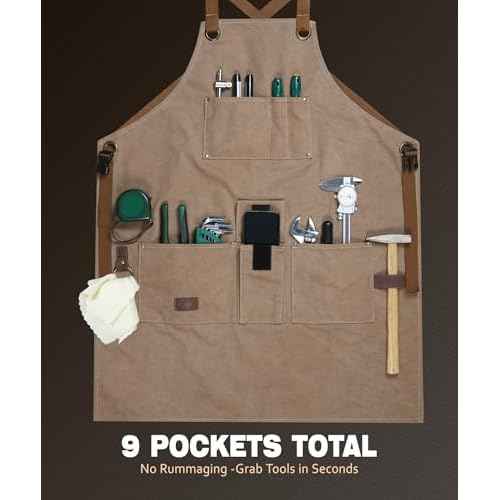 ARCFOX Woodworking Apron for Men - 16oz Soft Washed Canvas with 9 Pockets, Cross-Back Straps & Thick Pads - Adjustable S-XXXL for Mechanics, DIY Crafters - Comfort Focused Tool Apron