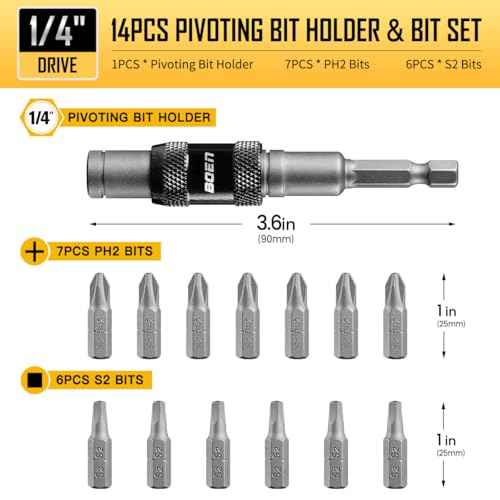 boen 14PCS Pivoting Magnetic Bit Holder with Screwdriver Bits, Swivel Drill Bit Extension, 1/4-Inch SAE Hex Shank, for Impact Driver, Narrow Corners Use