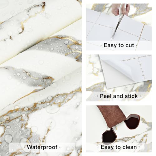 White Gold Marble Contact Paper for Countertops Waterproof White Marble Wallpaper Peel and Stick Removable Countertop Contact Paper for Kitchen Table Cabinets Matte Granite Wallpaper 15.8"x80"
