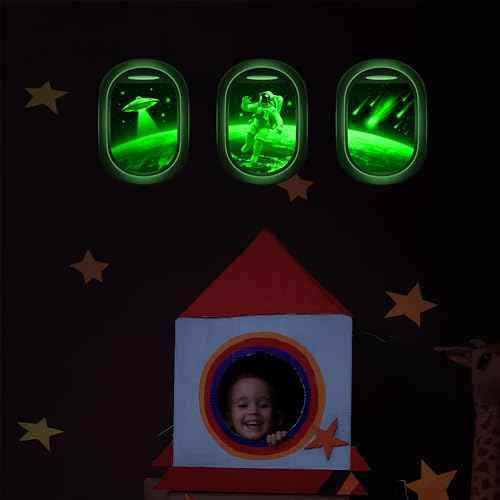 Glow in The Dark 3D Space Wall Decals, Set of 3 Galaxy Window Stickers for Wall, Space Themed Room Decor for Kids Boys (Green)