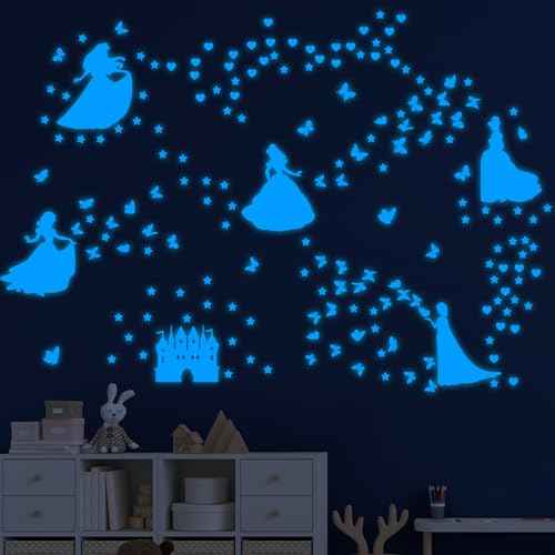 Glow in The Dark Princess Castle Wall Sticker, Self-Adhesive Star Butterfly Wall Decal for Girl's Room, Fluorescent Sticker for Ceiling Nursery (Blue)