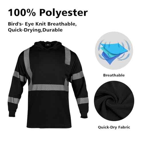 VENDACE Safety Reflective High Visibility Long Sleeve Shirts ANSI Class 3 Hi Vis Construction Work T Shirts for Men with Hood