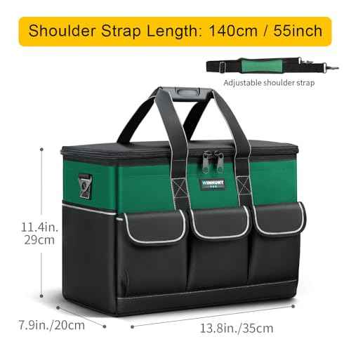 Tool Bag, 14-inch Wide Mouth Tool Storage Organiser, 600 Denier with 6 Interior 8 Exterior Pockets for Home DIY & Equipment Storage, Green and Black (14 inch)