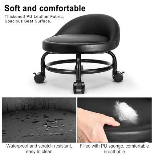 Rolling Stool with Backrest Low Height Rolling Stools, Low Roller Stool Chair, Roller Seats for Home, Office, Garage, Shop, Library