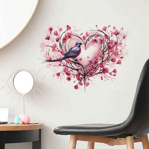Pink Rose Love Heart Hummingbird Flower Wall Stickers,sacinora Valentine Romantic Love Floral Art Wall Decals Removable Vinyl Peel and Stick for Valentine's Day Wedding Anniversary Living Room Bedroom