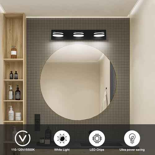 3-Light Bathroom Vanity Light Over Mirror, (24inch Dimmable) Matte Black LED Vanity Lighting Fixtures, Modern Bathroom Wall Light Fixtures with 360¡ÆRotating Lamp Head (Cool White 5500K)