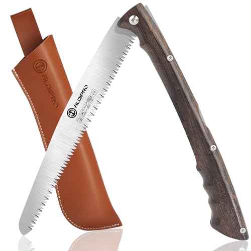 Folding Pruning Saw 10 Inch with Leather Sheath and Wenge Wooden Handle, SK5 Steel Blade, Foldable Hand Saw for Camping, Survival, Wood Cutting, Bushcraft and Tree Trimming