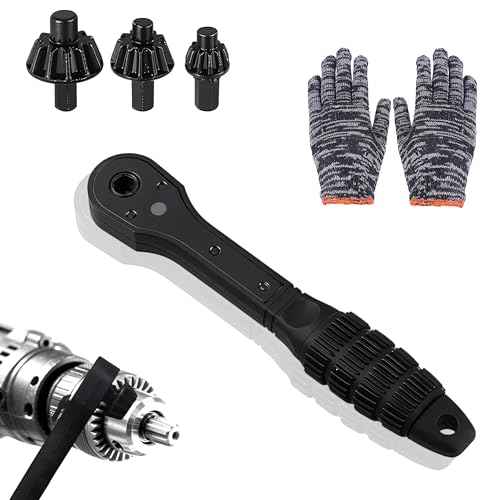 2-in-1 Ratchet Drill Chuck Key Wrench,Drill Chuck Ratchet Wrench w/ 3 Socket Sizes &1 Pair Glove,Universal Chucks Key Replacement Tool for Drills,Compatible with Most Electric Drills and Power Tools