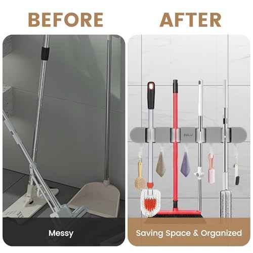 5PCS 4 Racks and 5 Hook Broom Mop Holder with Hooks Wall Mounted Broom Storage Rack No Drilling Self-Adhesive Mop Broom Organizer Mop Holder Hanger for Bathroom Office Kitchen Closet Garage