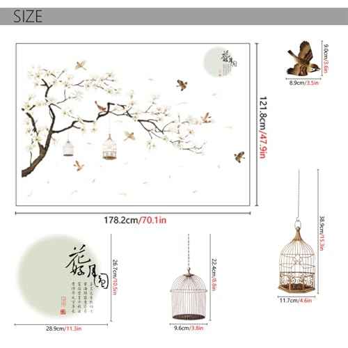 Large Chinese Style White Flowers Wall Stickers with Black Tree Flying Birds Wall Decals, Removable DIY Wall Art Decor Murals for Offices Living Room Bedroom Study Room Home Walls Decoration, 50x74in