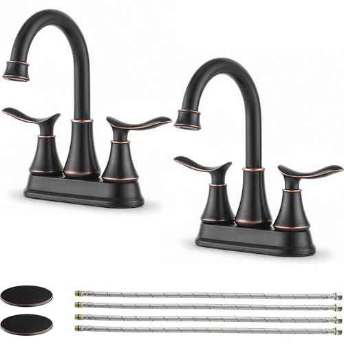 KINGO Bathroom Faucets for Sink 3 Hole, 2 Handle 4 inch Oil Rubbed Bronze Bathroom Sink Faucet with Pop-up Drain and Supply Hoses, Stainless Steel Lead-Free Centerset Faucets for Vanity RV, 2 Pack