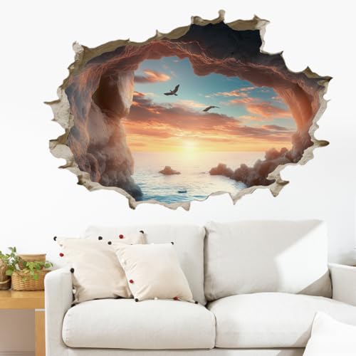 SUPERDANT 3D Cave by The Sea Wall Stickers 3D Broken Wall Decal Cave Seascape Peel and Stick Vinyl Art Decor Seaside Mural for Bedroom Living Room Nursery Bathroom Housewarming Gift