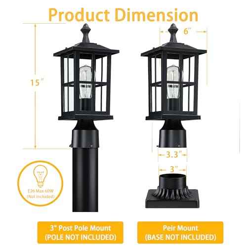 3 Inch Post Lights Outdoor Hard Wired 2Pack, Waterproof Outside Lamp Posts Outdoor Lighting Fixtures Pier Mount, Electric Black Aluminum Pillar Lights for Gate Patio Garden, Bulb Not Included