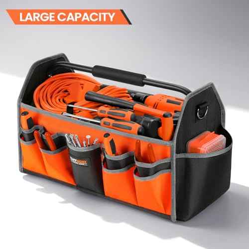 Tool Tote Bag, 15-Pocket Storage Organizer, Heavy-Duty Handle, Orange and Black