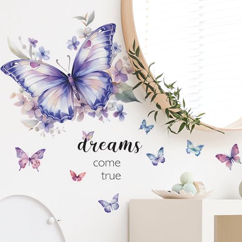 Dream Purple Butterflies Wall Stickers, sacinora Art Butterfly Dreams Come True Wall Decals Removable Vinyl Peel and Stick for Living Room Bedroom Nursery Playroom Children¡¯s Room Decorations