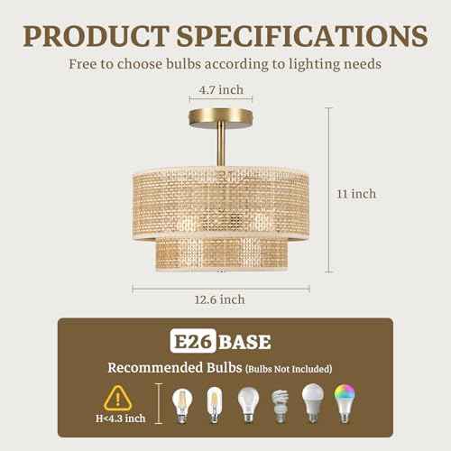 Boho Light Fixture Ceiling Mount,13'' Semi Flush Mount Ceiling Lights Fixture,3-Light Farmhouse Chandelier,Rattan Ceiling Light with 2-Tier Drum Shade,Drum Light Fixture for Bedroom Living Room