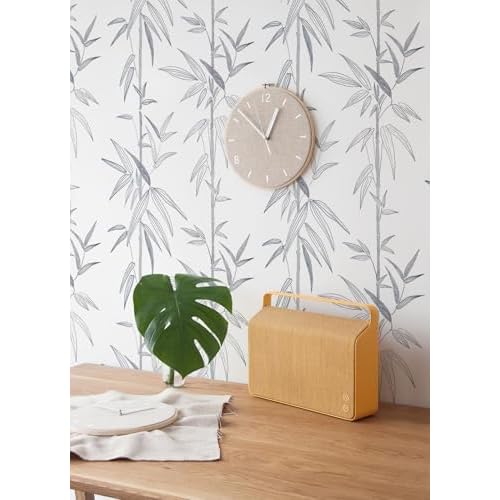 Peel and Stick Grey and White Leaf Wallpaper - Boho Removable Bamboo Contact Paper for Walls - Self Adhesive Decorative Paper 17.3" x 118"