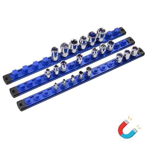 ALOANES Magnetic Socket Organizer Set, 3-Piece Heavy Duty Aluminum Socket Holder Socket Rail Organizer for Tool Box, 360¡Æ Swivel Clips Socket Rack 1/4, 3/8, 1/2-Inch x 40 Clips (Blue)