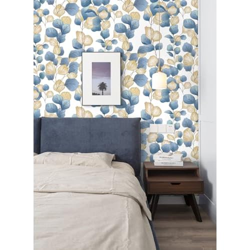 Vinjiasin Boho Peel and Stick Wallpaper Blue Leaf Contact Paper Modern Floral Wallpaper Self Adhesive Removable Wall Paper for Bathroom Bedroom Living Room Cabinet Countertop 17.3"x 78.7"