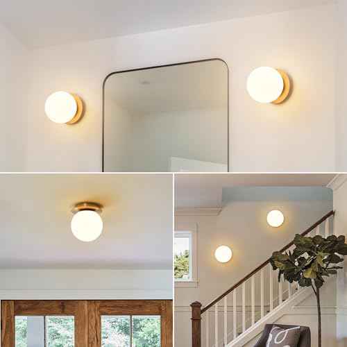Modern Glass Globe Wall Sconce: Gold Spherical Sconces Light - Small Brass Vanity Single Ball Lights Fixture - Contemporary Milk Glass Wall Mounted Lamp for Bedroom Bathroom Hallway Bulb Not Included
