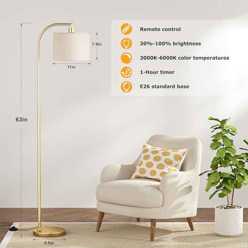 Arc Floor Lamp with Remote and Stepless Dimmable Bulb, Colors Temperature & Brightness Adjustable, Gold Floor Lamps for Living Room£¨Deep Beige Shade & Gold Pole£©