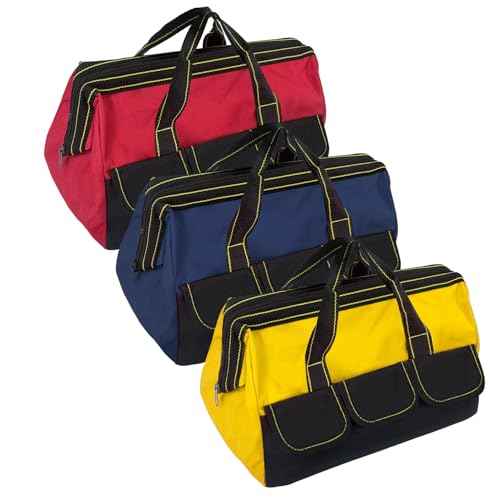 3 Pack Tool Bag with Waterproof Strong Hard Base, Large Organizer Heavy Duty Tool Bag Multi Pockets Wide Mouth Tool Tote for Various Tools (Multicolor,16 Inch)