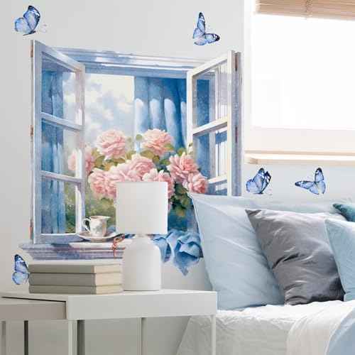 Fake Window Wall Decals - Peel and Stick Flower & Butterflies Vinyl Wall Sticker Murals for Living Room Bedroom Office Wall Decor 20.47"x22.44"